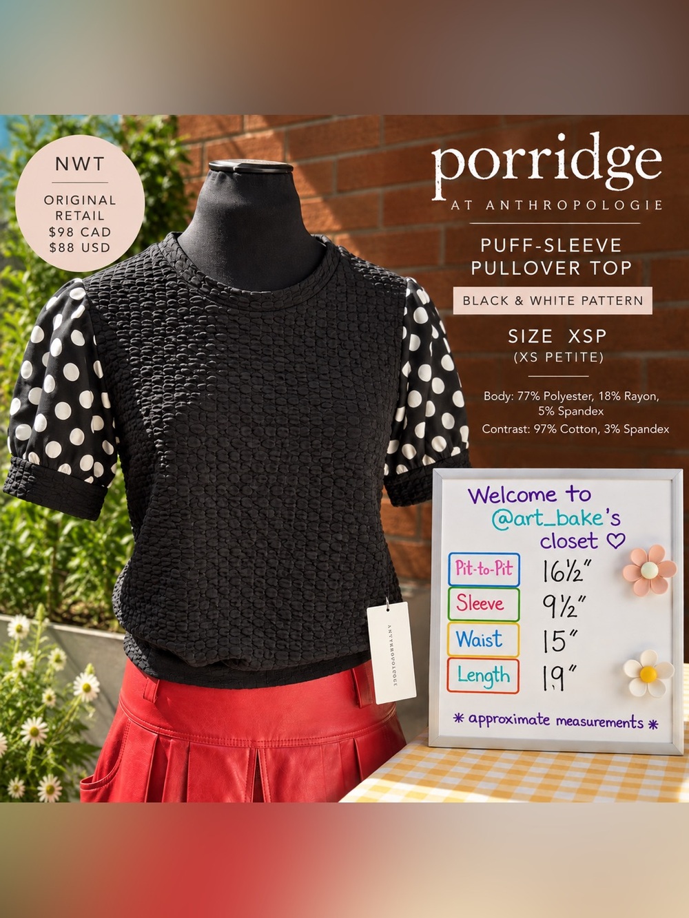 NWT Anthropologie Porridge Polka Dot Puff Sleeve Top Black XSP